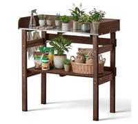 VEVOR Mesa de Jardinería, Banco de Trabajo de Jardín de Madera 78 x 38 x 82 cm con Tablero de Metal Galvanizado, Estante Superior, Ganchos, Cajón, Armario para Macetas Exterior Almacenamiento Patio