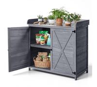 VEVOR Mesa de Jardinería, Banco de Trabajo de Jardín de Madera 98 x 48 x 95 cm con Tablero de Metal Galvanizado, Estante Superior, Armario, Cajón, Ganchos para Patio Almacenamiento Macetas Exterior