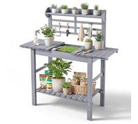 VEVOR Mesa de Jardinería, Banco de Trabajo de Jardín de Madera con Tablero Madera de Abeto Ajustable de 94-140 cm, Estante Superior, Armario, Cajón, Ganchos para Patio Almacenamiento Macetas Exterior