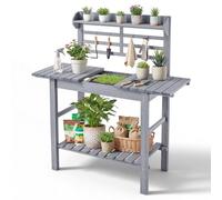 VEVOR Mesa de Jardinería, Banco de Trabajo de Jardín de Madera con Tablero Madera de Abeto Ajustable de 94 x 46 x 140 cm, Estante Superior, Armario, Cajón, Ganchos para Patio Almacenamiento Macetas Ex
