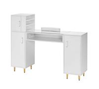 VEVOR Mesa de manicura, escritorio de uñas con tapa de cristal con gabinetes de almacenamiento para spa, salón de belleza, estación de trabajo con reposamuñecas, 8 patas de metal, color blanco