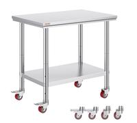 VEVOR Mesa de Trabajo 2 Niveles 90 x 60 x 85 cm, Mesa con Ruedas de Acero Inoxidable, Estante Inferior Ajustable, para Preparación de Alimentos en Cocinas Comerciales, Restaurantes, Garajes, Talleres