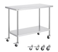 VEVOR Mesa de Trabajo de Acero Inoxidable 1219x610x954,6 mm con 4 Ruedas 3 Niveles de Altura Ajustables Mesa de Trabajo de Preparación de Alimentos Resistente para Cocina Comercial Restaurante