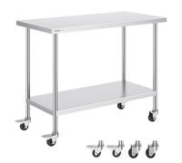 VEVOR Mesa de Trabajo de Acero Inoxidable 1219x610x954,6 mm con 4 Ruedas 3 Niveles de Altura Ajustables Mesa de Trabajo de Preparación de Alimentos Resistente para Cocina Comercial Restaurante