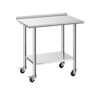VEVOR Mesa de Trabajo de Acero Inoxidable 2 Niveles, Mesa de Preparación con Ruedas 91,5 x 61 x 89,4 cm, Estante Inferior Ajustable, Protector contra Salpicaduras, para Restaurantes, Bares, Hoteles