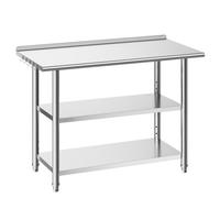 VEVOR Mesa de Trabajo de Acero Inoxidable 3 Niveles, Mesa de Preparación de Alimentos 121,9x61x86,4 cm, Estante Inferior Ajustable, Protector contra Salpicaduras, para Restaurantes, Bares, Hoteles