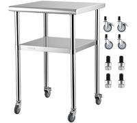 VEVOR Mesa de Trabajo de Acero Inoxidable 61x61x91,4 cm Mesa de Preparación de 2 Niveles Carga de 272,4 kg Mesa de Cocina con 4 Ruedas Estante Ajustable en Altura para Cocina Restaurante Bar Garaje