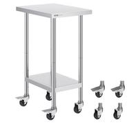 VEVOR Mesa de Trabajo Comercial de Acero Inoxidable Plata 610 x 457 x 954.6 mm, Industrial, Altura Ajustable, 3 Niveles, 4 Ruedas, Cocina, Bar, Restaurante, Garaje, Al Aire Libre
