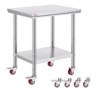 VEVOR Mesa de trabajo de catering de acero inoxidable de 30 x 24 pulgadas, mesa de trabajo comercial con 4 ruedas, banco de trabajo comercial de preparación de alimentos con estante de ajuste flexible