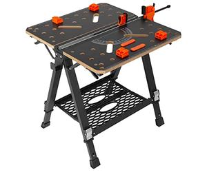 VEVOR Mesa de Trabajo Plegable 2 en 1 Apto como Soporte de Sierra Carga 454 kg Alturas Ajustables Patas de Acero Soporte de Herramientas Abrazadera Rápida 4 Abrazaderas 2 Ganchos para Taller de Garaje