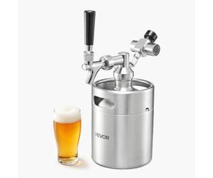VEVOR Mini Barril Dispensador de Cerveza 1,94 L de Acero Inoxidable 304, Con Regulador de CO₂ y Grifo de Cierre Automático, Compatible con Cartuchos de CO₂ de 16 g (No Incluido), Para Fiesta, Hogar