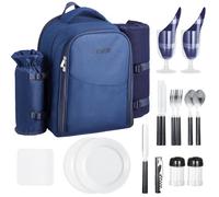 VEVOR Mochila de Pícnic, para 2 Personas, con Compartimento Térmico, Portabotellas/Soporte de Vino Desmontable, Manta Ligera, Platos y Cubiertos para el Senderismo y Camping, Azul Marino, 20 L