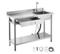 VEVOR Mueble de Fregadero de Acero Inoxidable, 120 x 50 x 94 cm, de Un Seno con Grifo y Cajón, para Garaje, Restaurante, Lavandería, Lavabo Exterior con Encimera Izquierda, con Acabado Cepillado
