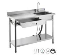 VEVOR Mueble de Fregadero de Acero Inoxidable, 120 x 50 x 94 cm, de Un Seno con Grifo y Cajón, para Garaje, Restaurante, Lavandería, Lavabo Exterior con Encimera Izquierda, con Acabado Cepillado