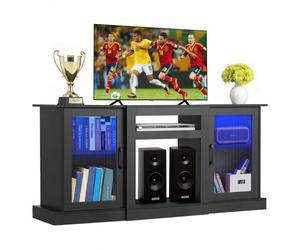 VEVOR Mueble de TV, Mueble de TV de Madera 1470x370x685 mm para Televisores de Hasta 1651 mm con Tira de Luz, Puertas de Vidrio y Estantes Ajustables, Consola para Sala de Estar y Dormitorio, Negro