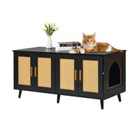 VEVOR Muebles de Baño Oculto para 2 Gatos 1,19 x 0,5 x 0,55 m Casa de Inodoro con Puertas Decoradas de Ratán Armario de Madera para Ocultar Las Cajas de Arena, Negro