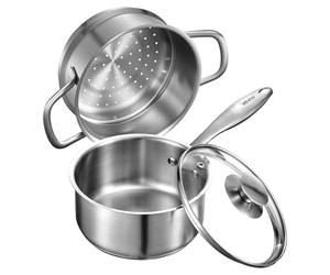 VEVOR Olla de Gran Capacidad 1,42 L con Tapa de Cristal y Capa de Vapor, para Sopa y Verduras con Mango Ergonómico, Acero Inoxidable, Apta para Lavavajillas, 335 x 265 x 200 mm, Color Plateado