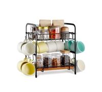 VEVOR Organizador Multifuncional de Barra de Café de 2 Niveles para Encimera, 12 Ganchos Móviles y 2 Estantes para Almacenamiento y Exhibición, Oficina en Casa(Negro Mate), 322 x 172 x 356 mm