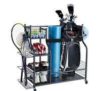 VEVOR Organizador de Equipos de Golf con Ruedas Estante de Almacenamiento de Acero para 2 Bolsas de Golf y Otros Equipos Deportivos Carro de Accesorios de Golf con Canasta y Ganchos, Negro