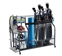 VEVOR Organizador de Equipos de Golf con Ruedas, Estante de Almacenamiento de Acero para 3 Bolsas de Golf y Otros Equipos Deportivos, Carro de Accesorios de Golf con Canasta y Ganchos, Negro, Q235
