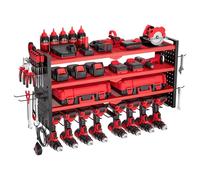 VEVOR Organizador de Herramientas Eléctricas de Pared, Estante de Almacenamiento de 4 Capas con 8 Portabrocas, con Tableros Perforados Laterales, para Garaje, Banco y Taller, Rojo Brillante Mate