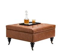 VEVOR Otomana Cuadrada de Cuero Otomana de Esponja de Alta Densidad de Cuero Sintético de 79-86 cm con Almacenamiento, Botones Capitoné y Ruedas Giratorias para Sala de Estar, Dormitorio, Marrón