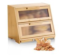 VEVOR Panera de Doble Capa de Bambú para Encimera de Cocina, Panera de Madera Rústica para Pan Casero, con Panel de Puerta Acrílico Ondulado, Color Madera Natural, Trapezoide, 390 x 260 x 320 mm