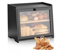 VEVOR Panera de Doble Capa para Encimera de Cocina, Contenedor de Pan de Bambú de Gran Capacidad, con Panel de Puerta Acrílico Ondulado, Color Negro, Forma Trapezoide, 400 x 250 x 335 mm, Negro