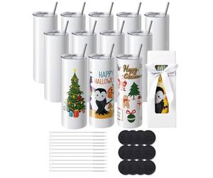 VEVOR Paquete de 12 Vasos de Sublimación Vaso Vacío de 20 oz 591,5 ml Vasos de Acero Inoxidable de Doble Pared Botella Sublimable con Pajita, Tapa, Cepillo, Base, Envoltura Retráctil, Caja Regalo