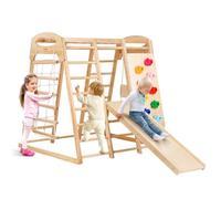 VEVOR Parque Infantil 7 en 1 para Niños Pequeños, Madera de Pino y Plástico, 120 x 109 x 121 cm, con Escalera de Madera y la de Red, Cuerda, Columpio, Estructura de Escalada, Tobogán, Carga 136 kg