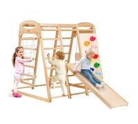 VEVOR Parque Infantil de Interior, Gimnasio de Interior para Niños de Madera, Multifunción con Juguetes de Escalada Tobogán Columpio Barras de Mono Escalera de Malla, Conjunto de Juegos para Niños