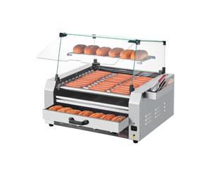 VEVOR Parrilla de Acero Inoxidable para Perros Calientes de 2400 W con Calentador de Panecillos, Cubierta, Control de 3 Temperaturas, Caja de Almacenamiento Lateral, 11 Rodillos, 5 r/min, Plata