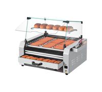 VEVOR Parrilla de Acero Inoxidable para Perros Calientes de 2400 W con Calentador de Panecillos, Cubierta, Control de 3 Temperaturas, Caja de Almacenamiento Lateral, 11 Rodillos, 5 r/min, Plata