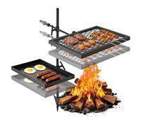 VEVOR Parrilla para Hoguera con Rejilla y Plancha de Acero al Carbono, Giratoria, Rejilla de 435x310 mm, Plancha de 417x257 mm, Con Soporte, Soporta hasta 600°C, para Fuego Abierto, Camping, Negro