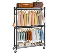 VEVOR Perchero Burro para Ropa con 4 Ruedas de 2 Barras 3 Estantes 2 Soportes Laterales Perchero de Acero Carga de 182 kg Perchero de Pie 1162 x 450 x 2040 mm para Almacenaje de Ropas en Dormitorios