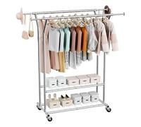VEVOR Perchero Burro para Ropa de 2 Barras para Colgar y 2 Estantes, con Ruedas, Burro de Ropa Carga de 120 kg, Altura Ajustable, de Acero al Carbono, para Dormitorio, Lavandería, Sala de Estar