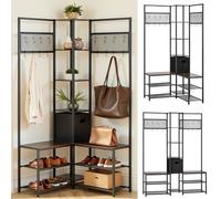 VEVOR Perchero de Esquina 180 cm, Organizador de Ropa con Ganchos Banco Zapatero y Estantes para Abrigos Bolsos Calzado, Armario Abierto para Entrada Pasillos Dormitorio Salón, Marrón Rústico y Negro