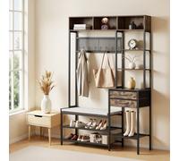 VEVOR Perchero de Pie 180 cm, Armario Abierto con Ganchos Banco Zapatero Cajones y Estantes de Almacenamiento, Organizador Recibidor de Ropa para Entrada Pasillos Dormitorio Salón, Marrón Rústico