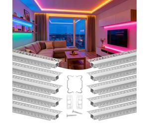 VEVOR Perfil de Empotrar Aluminio para Tira LED 2 m, Paquete de 10 Piezas, Perfil Empotrable, con Difusor Opal Tapones de Extremos y Clips de Montaje, Decoración de Luz para Pared Techo Dormitorio
