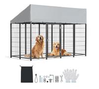 VEVOR Perrera de Exterior, 2,4 x 1,2 x 1,65 m, Parque para Perros con Toldo Anti-UV Impermeable, Cerrojo de Pestillo, Marco de Metal, Caseta de Malla para Perros Grandes en Patio Jardín Terraza, Negro