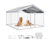VEVOR Perrera de Exterior, 3 x 3 x 2,15 m, Parque para Perros con Techo y Puerta, Anti-UV Impermeable, Marco de Metal Galvanizado, Caseta de Valla para Perros Grandes en Patio Jardín Terraza, Plateado