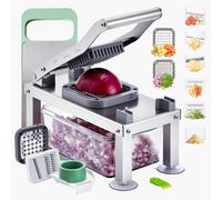 VEVOR Picadora de Verduras y Mandolina Todo en Uno con 8 Cuchillas de Acero Inoxidable, Rallador de Queso, Cebolla, Ensalada de Patatas y Cubos con Recipiente, 275 x 130 x 165 mm, Plata Brillante