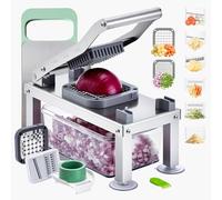 VEVOR Picadora de Verduras y Mandolina Todo en Uno con 8 Cuchillas de Acero Inoxidable, Rallador de Queso, Cebolla, Ensalada de Patatas y Cubos con Recipiente, 275 x 130 x 165 mm, Plata Brillante