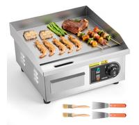 VEVOR Plancha Eléctrica 2000 W 355 x 300 mm, Control de Temperatura 50 a 300 °C, Parrilla de Encimera de Acero Inoxidable con Superficie Plana, con 2 Espátulas y 2 Cepillos, para Carne y Panqueques