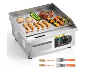 VEVOR Plancha Eléctrica 2000 W 355 x 300 mm, Control de Temperatura 50 a 300 °C, Parrilla de Encimera de Acero Inoxidable con Superficie Plana, con 2 Espátulas y 2 Cepillos, para Carne y Panqueques