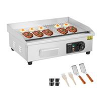 VEVOR Plancha eléctrica comercial, parrilla superior semiplana de encimera de 3200 W, temperatura ajustable de 122 ℉ -572 ℉, parrilla de acero inoxidable de 21.26 x 11.81 x 0.39 pulgadas con 2 palas y