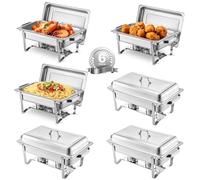 VEVOR Plato para Calentar Alimentos Acero Inoxidable con 6 Sartenes de Tamaño Completo(7,5 L), Rectangular, para Catering con Tapa y Soporte para Bandeja de Agua y Depósito de Combustible, Plata