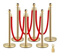 VEVOR Poste Guía 6 Piezas 95 cm Barrera de Control de Multitudes con 4 Cuerdas de Terciopelo Rojas 1,5 m para Cola de Separación de Demarcación en Escuela Pública Teatro Hotel Exposición, Color Oro