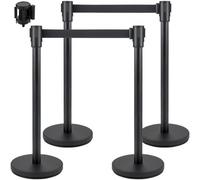 VEVOR Postes para Control de Multitudes 4 Piezas Postes con Cinturón Retráctil Negro 2 m Barrera de Control de Multitudes con Base de Hormigón y Metal Montaje de Fácil Conexión para Escuela Teatro