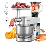 VEVOR Procesador de Alimentos Eléctrico Multifuncional de 1500 W, con Bol de Acero Inoxidable 5,7 L y Bol para Mezclar 1,5 L, 6 Velocidades + P, Gancho para Amasar, Batidor de Varillas y el Plano